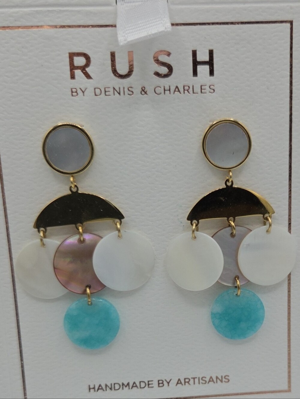 5 for $25! RUSH by Denis & Charles Iridescent Disc Drop Earrings – White & Aqua